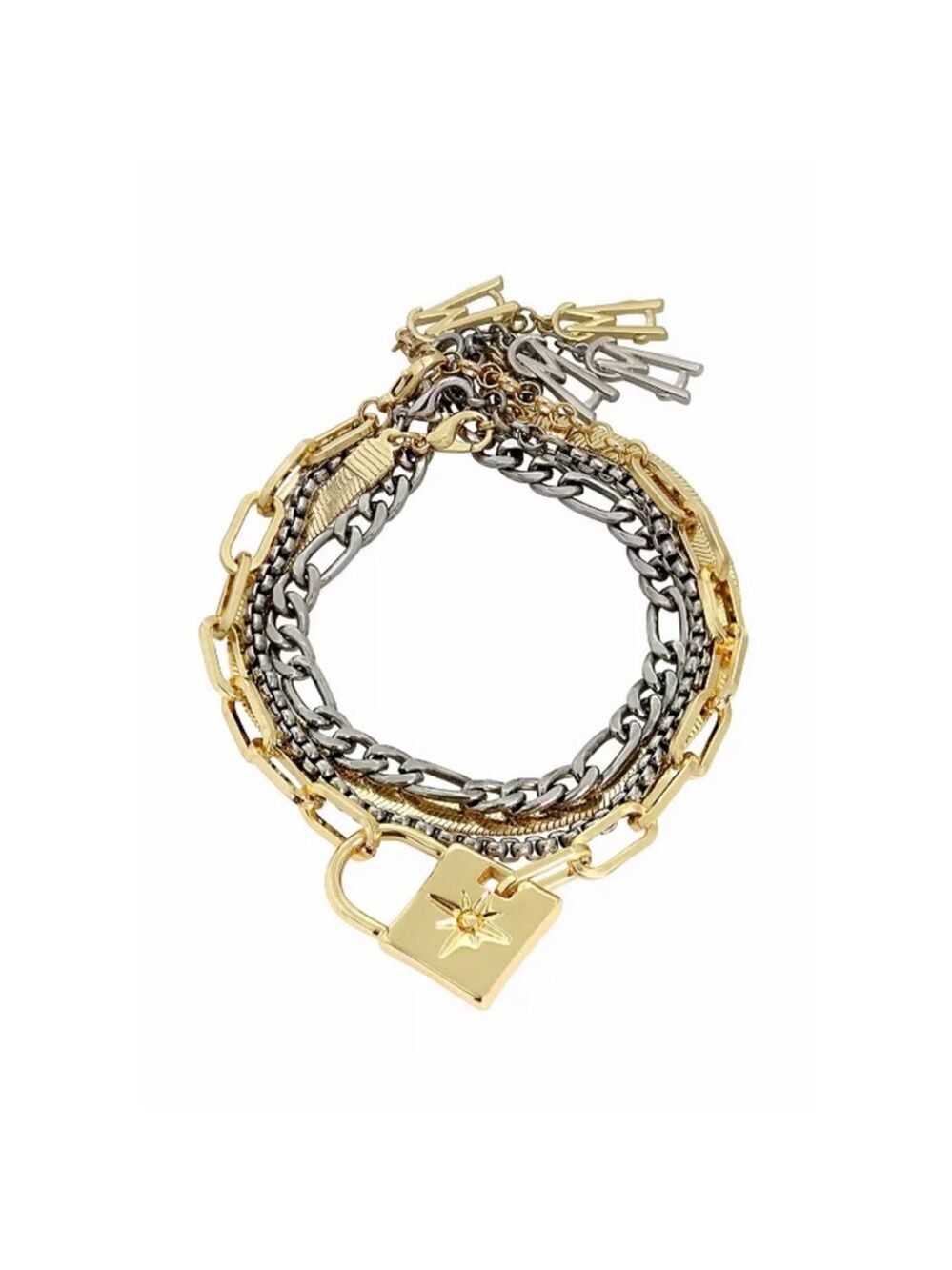 Steve Madden Bracelet Set Two Tone Lock Charm 4 Pieces